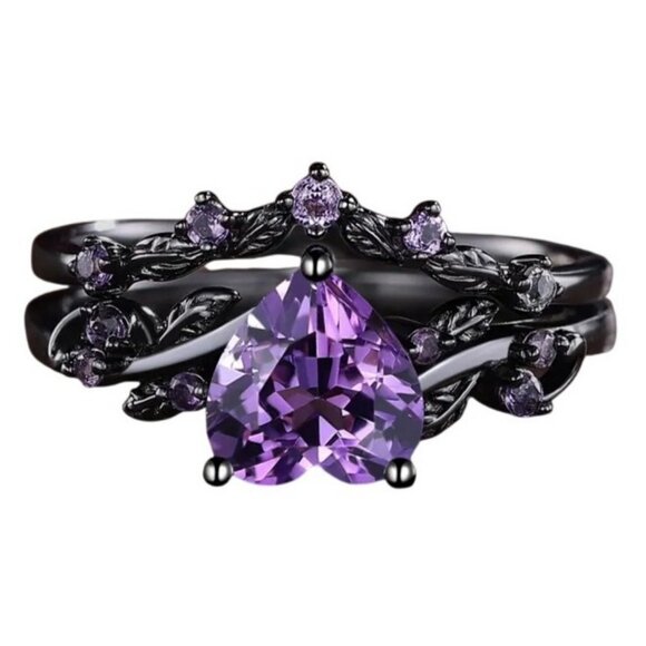 Heart Cut Amethyst & Moissanite 2 piece engagement wedding ring set in rhodium - Picture 4 of 8